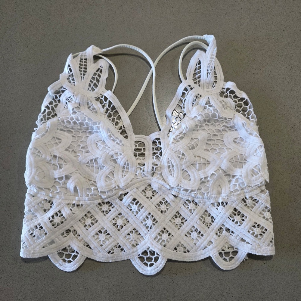 White Floral Lace Bralette Strappy V-Neck Longline Crochet Boho Crop Top‎